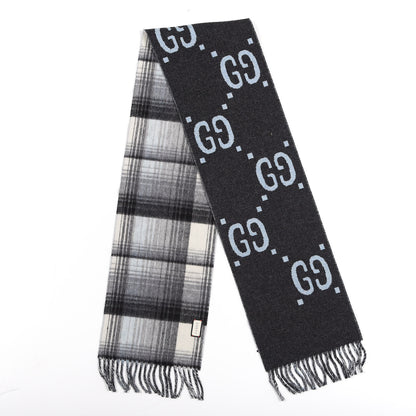 Gucci Wool GG Monogram Plaid Tartan Free Scarf Grey 2 of 4