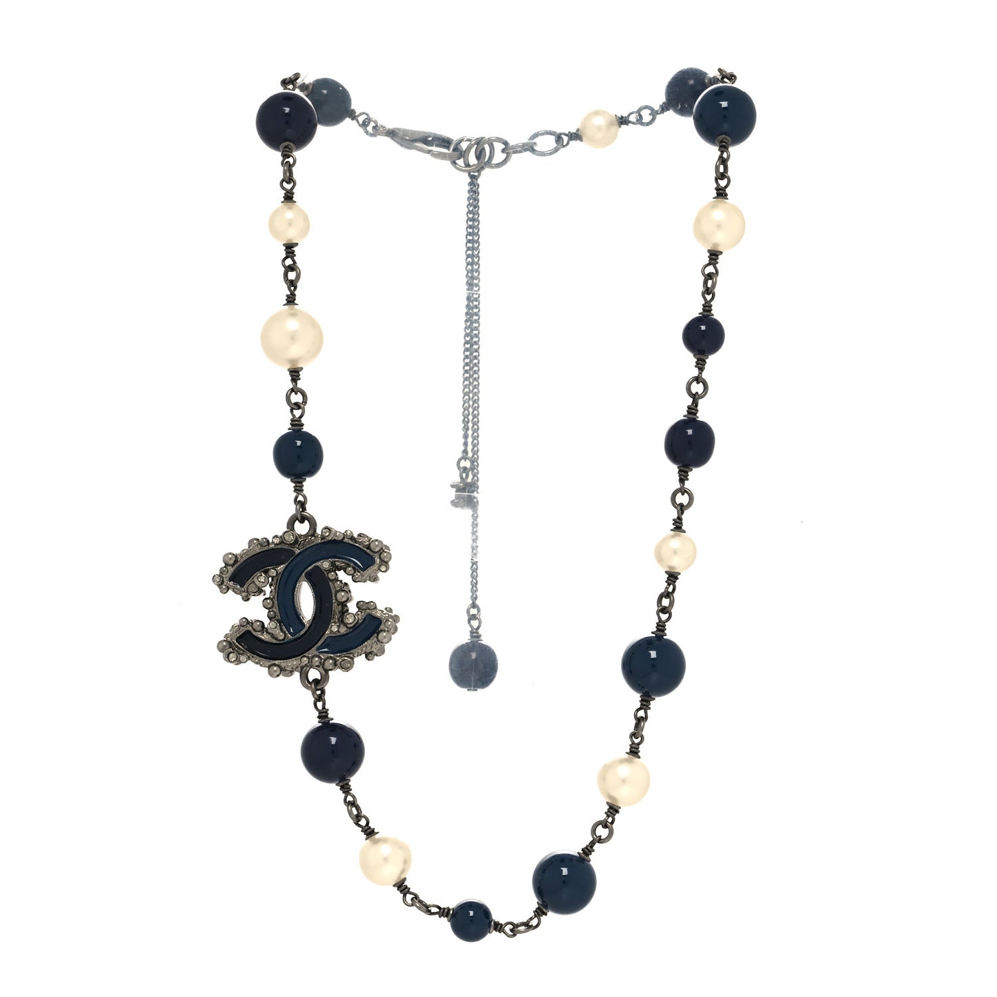 Pearl Crystal Enamel Beaded CC Necklace Blue Silver