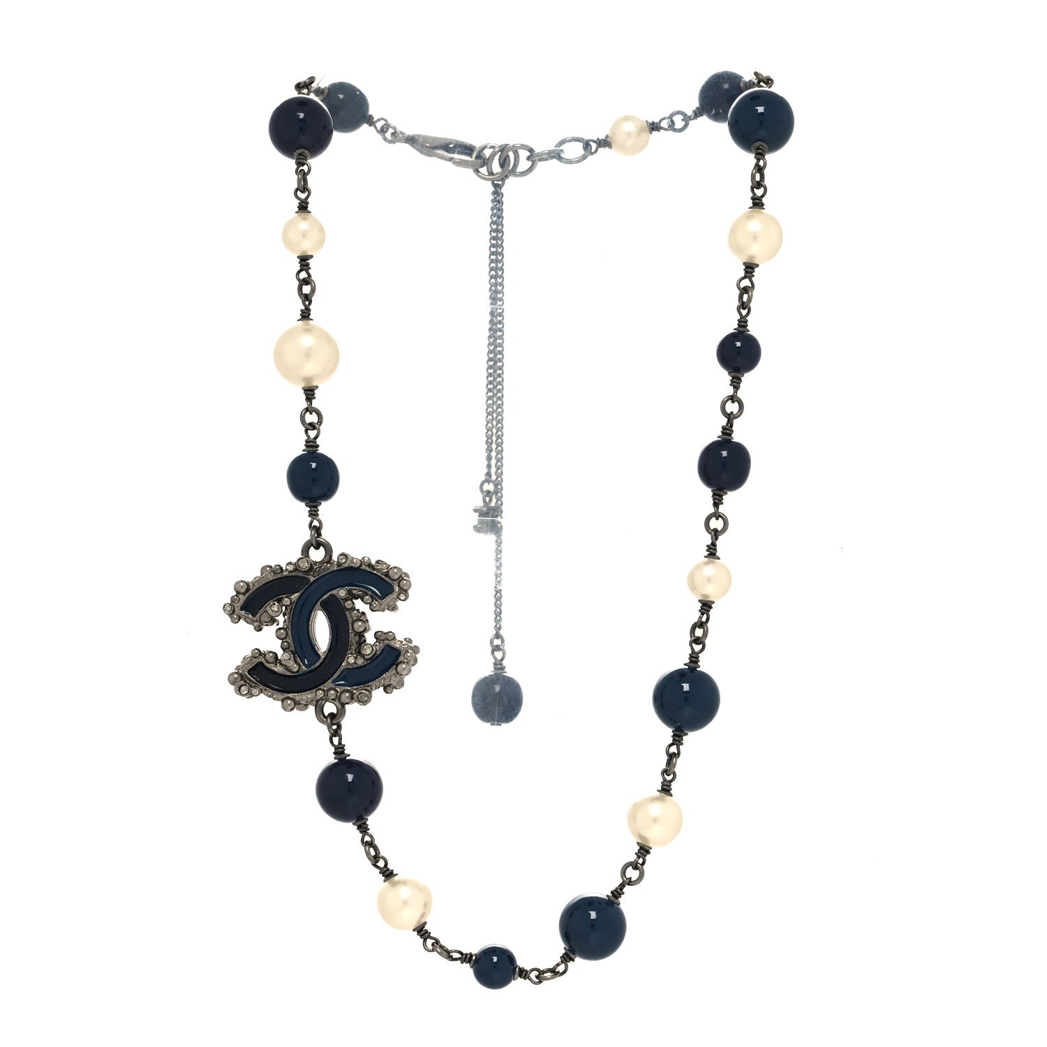 Chanel Pearl Crystal Enamel Beaded CC Necklace Blue Silver 3 of 5