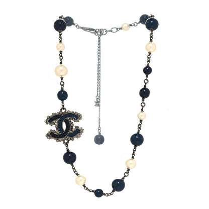 Chanel Pearl Crystal Enamel Beaded CC Necklace Blue Silver 3 of 5