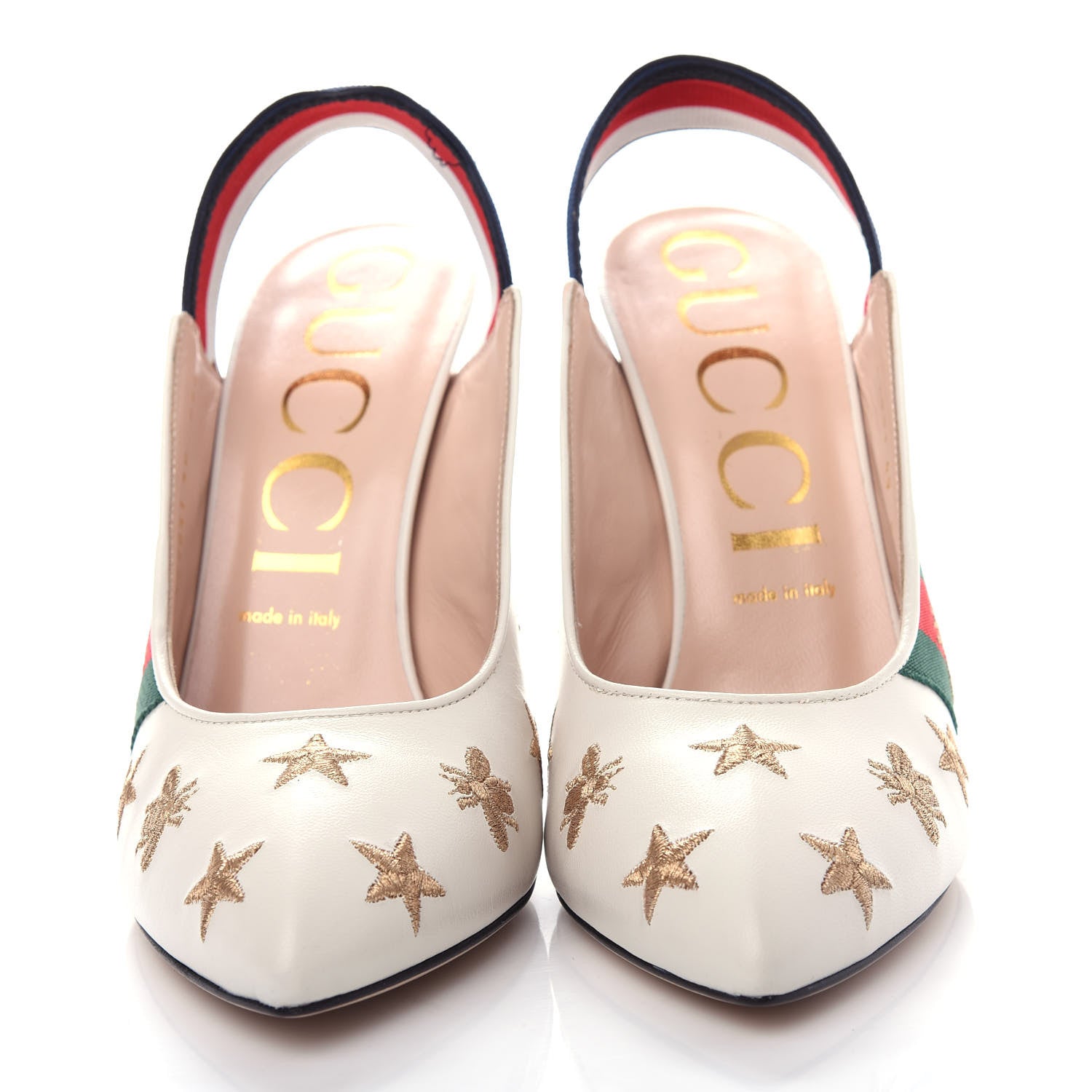 Gucci Malaga Kid Web Bee Star Embroidered Sylvie High Heel Slingback Pumps 40 White 5 of 12
