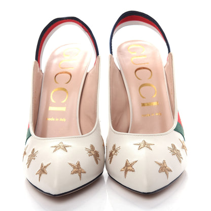 Gucci Malaga Kid Web Bee Star Embroidered Sylvie High Heel Slingback Pumps 40 White 5 of 12