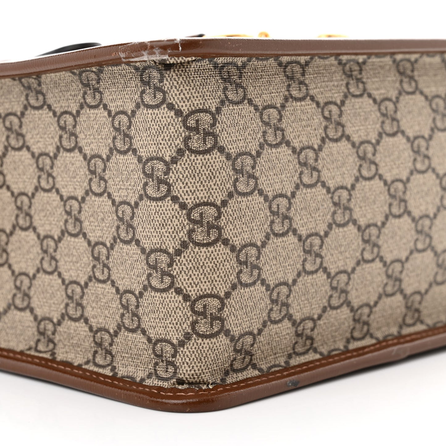 GG Supreme Monogram Azalea Calfskin Mini Horsebit 1955 Foldover Top Handle Bag Beige Ebony Brown Sugar