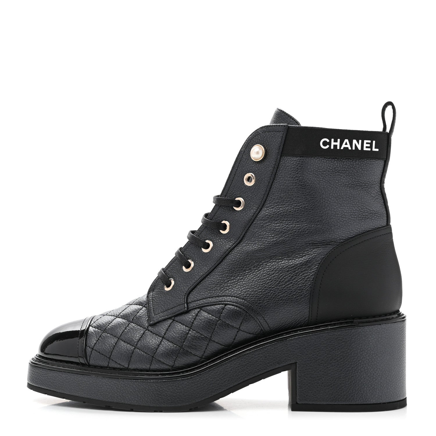 Chanel Pearly Calfskin Patent Calfskin Lace Up Combat Boots 40 Black 1 of 9