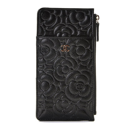 Chanel Caviar Camellia Embossed Classic Flat Wallet Pouch Black 1 of 7
