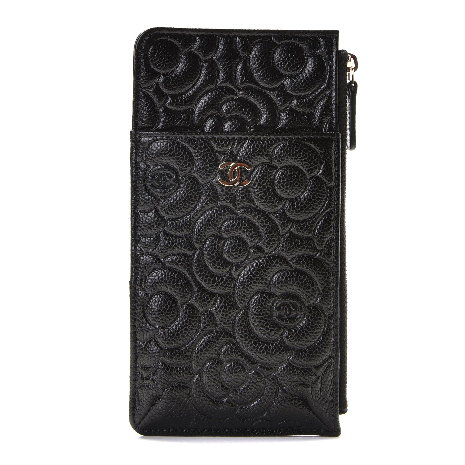 Chanel Caviar Camellia Embossed Classic Flat Wallet Pouch Black 1 of 7