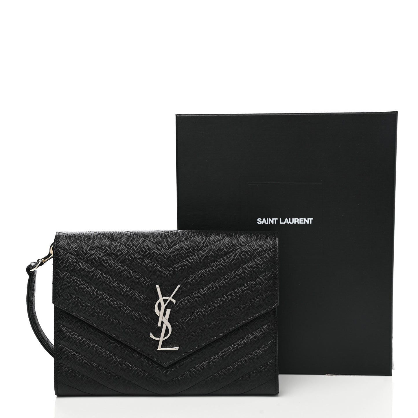 Grain De Poudre Matelasse Chevron Monogram Envelope Clutch Black