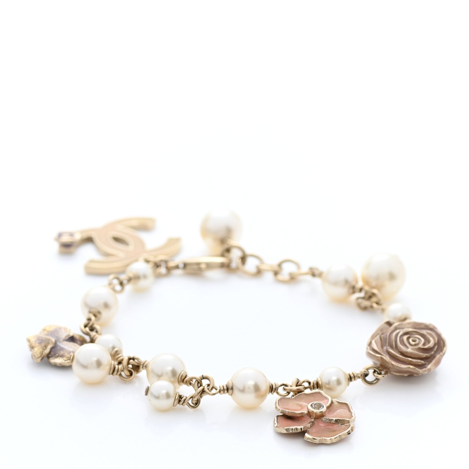 Chanel Pearl CC Camellia Charm Bracelet Beige Gold 1 of 4