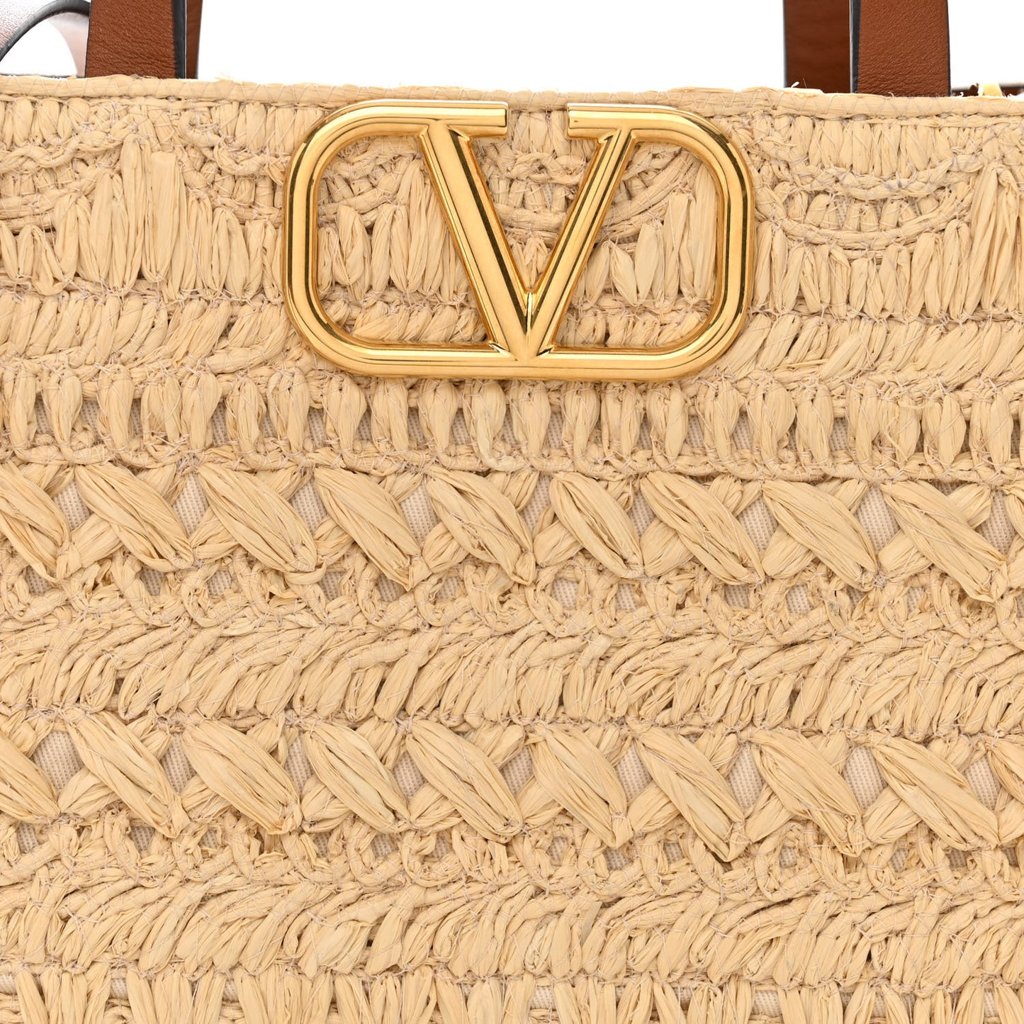Raffia Calfskin Small Vlogo Signature Tote Natural Saddle Brown