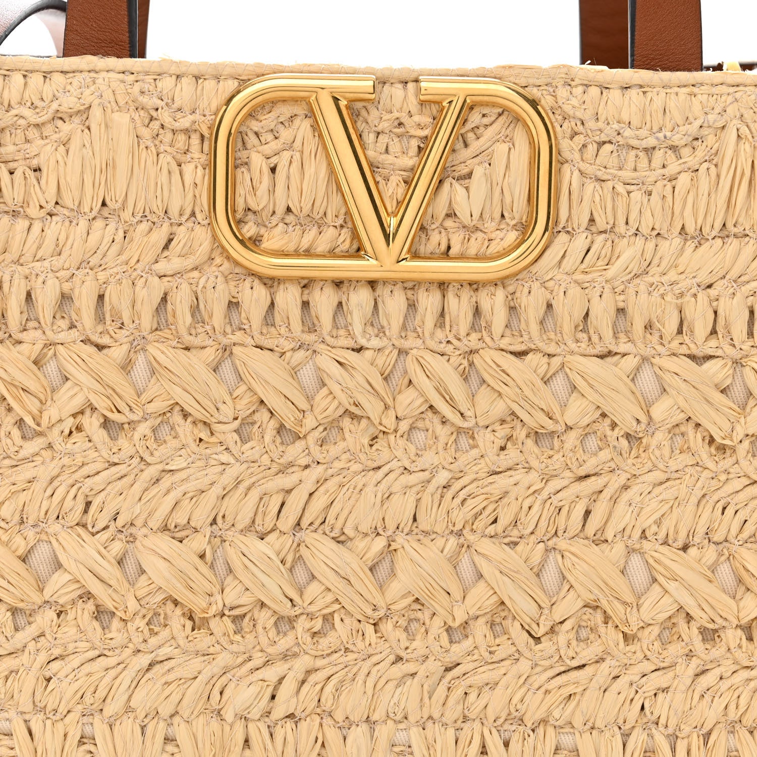 Valentino Garavani Raffia Calfskin Small Vlogo Signature Tote Natural Saddle Brown 7 of 9