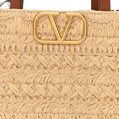 Valentino Garavani Raffia Calfskin Small Vlogo Signature Tote Natural Saddle Brown 7 of 9