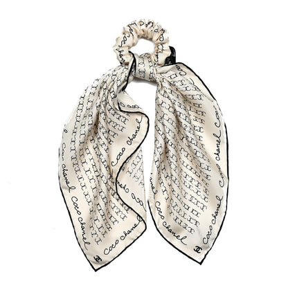 Chanel Silk Twill Square Scarf Hair Tie White Black 1 of 8