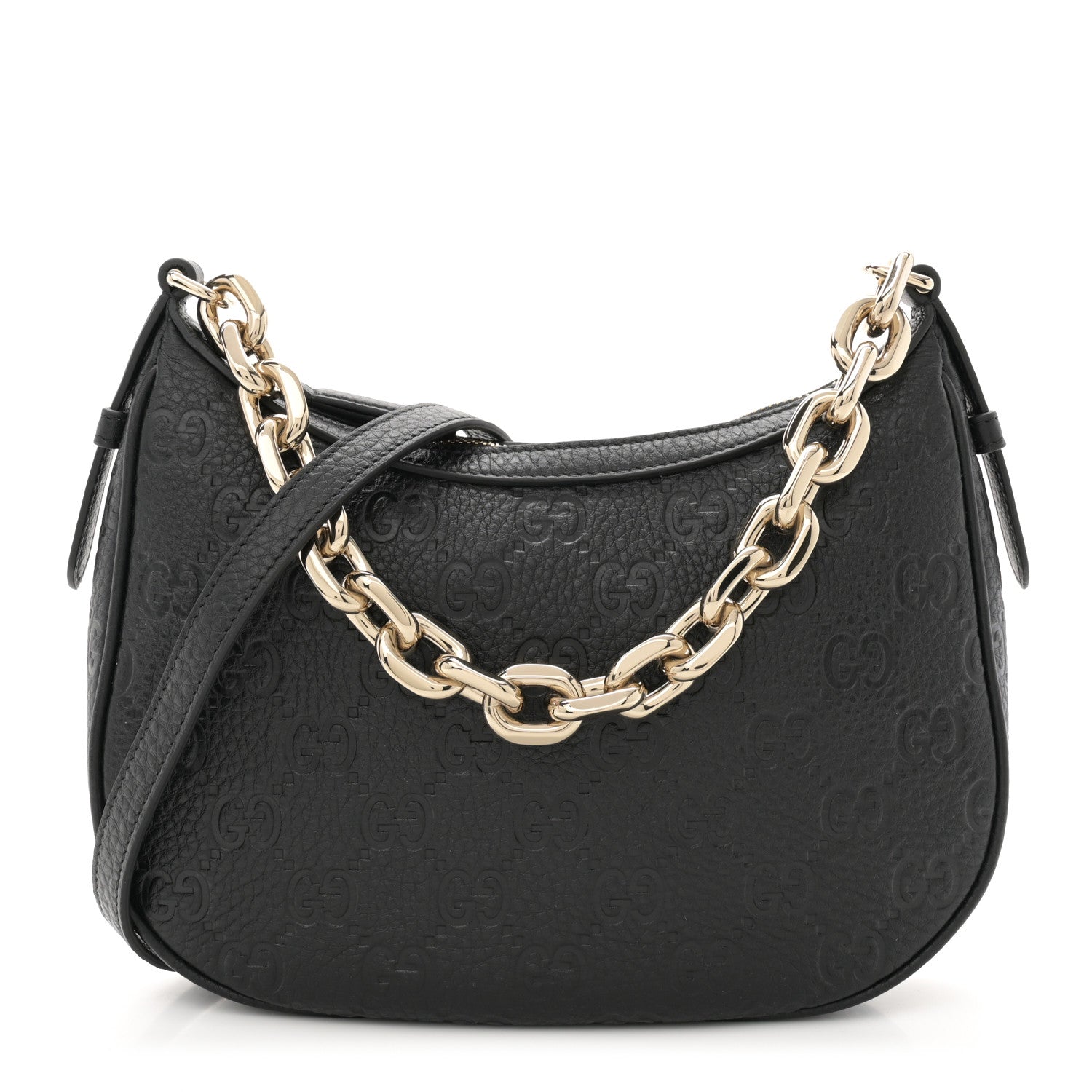 Gucci GG Grainy Calfskin Emblem Small Half Moon Shoulder Bag Black 1 of 12