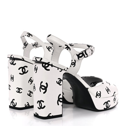Chanel Printed Lambskin Coco Beach Platform Sandals 38.5 White Black 4 of 10
