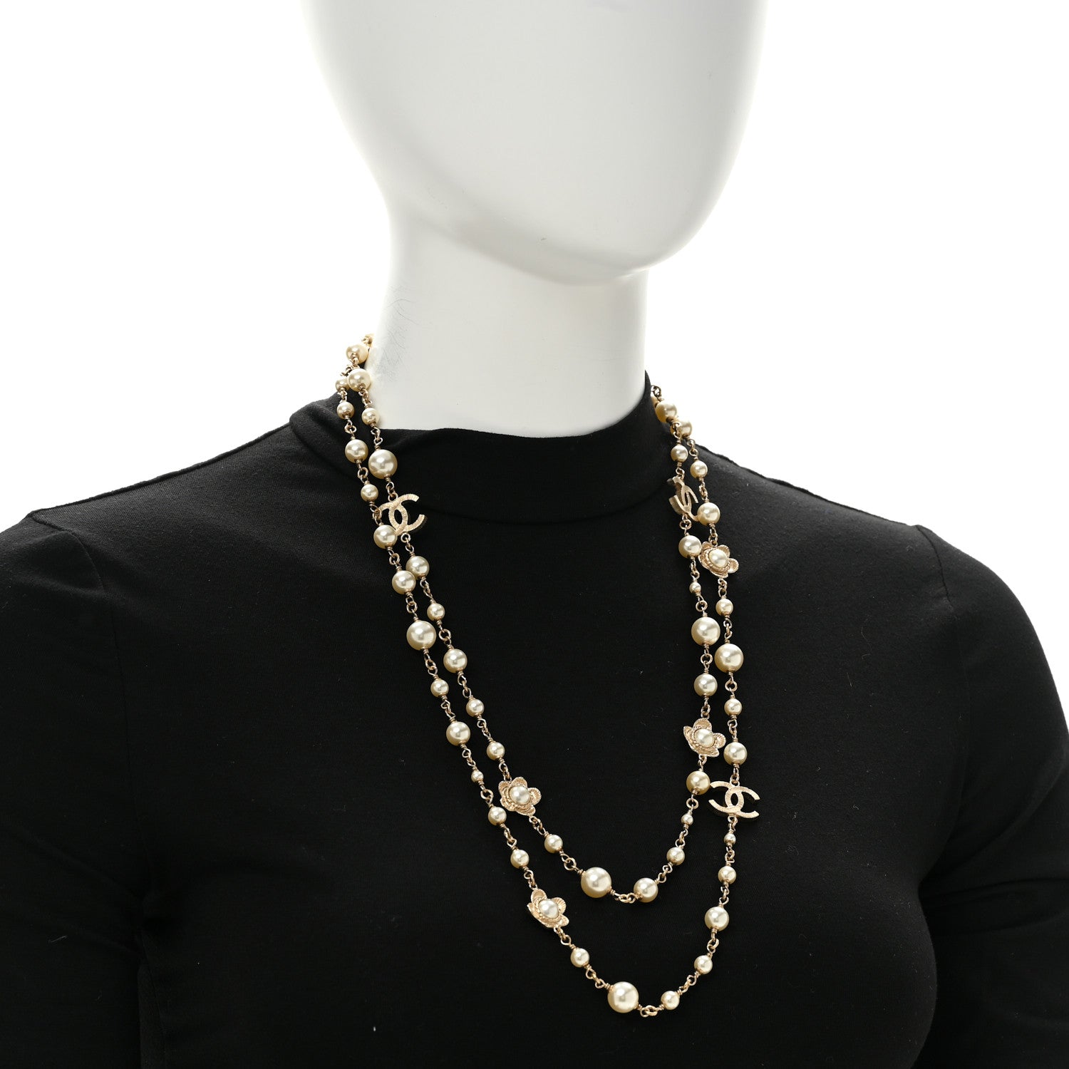 Chanel Pearl Bead CC Flower Long Necklace Gold 2 of 5