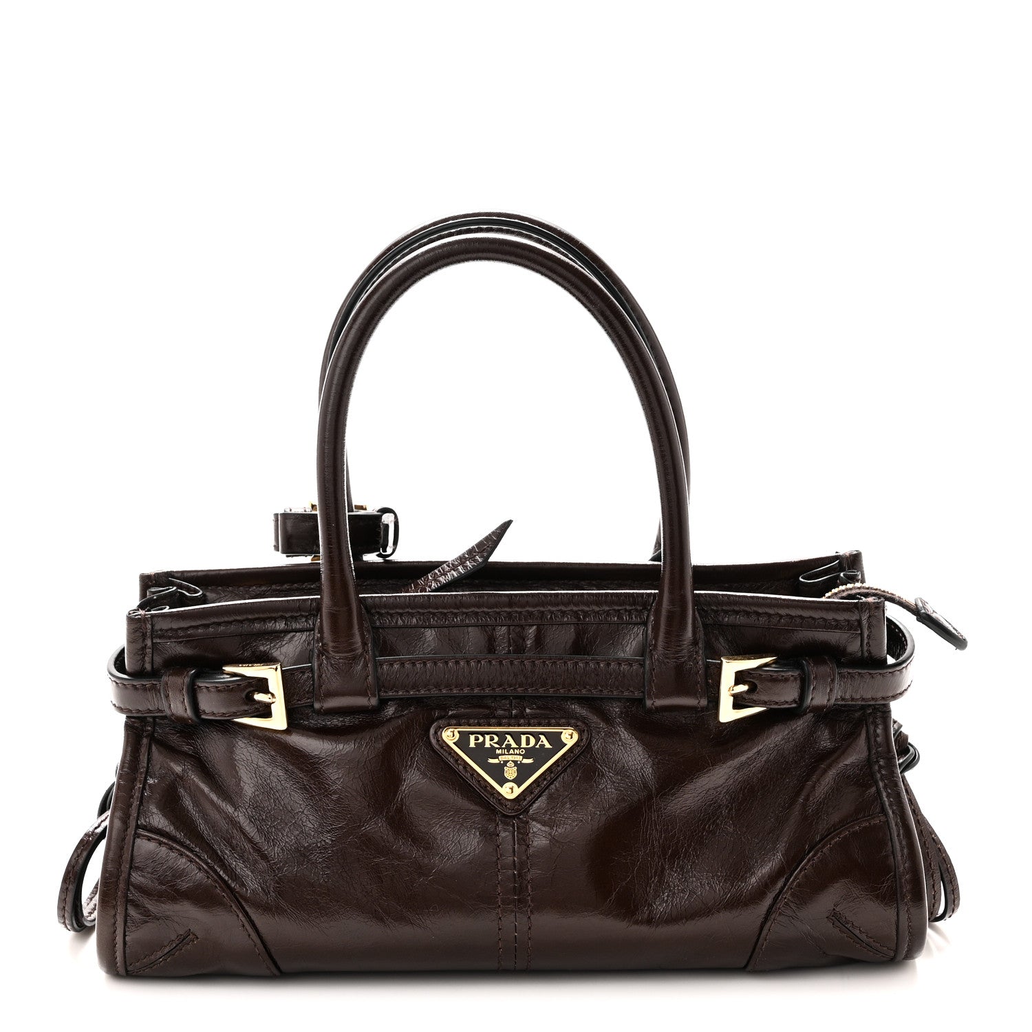 Prada Glossy Calfskin Triangle Mini Bonnie Shoulder Bag Moro 1 of 9