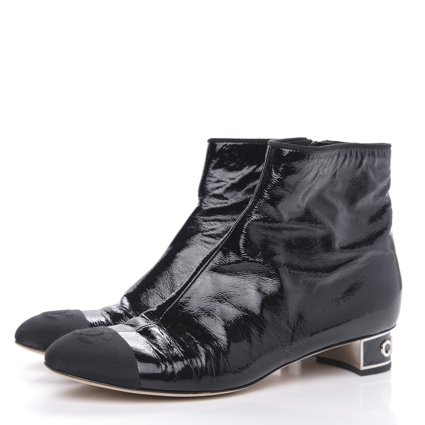 Patent Goatskin Grosgain Cap Toe Short Ankle Boots 41 Black