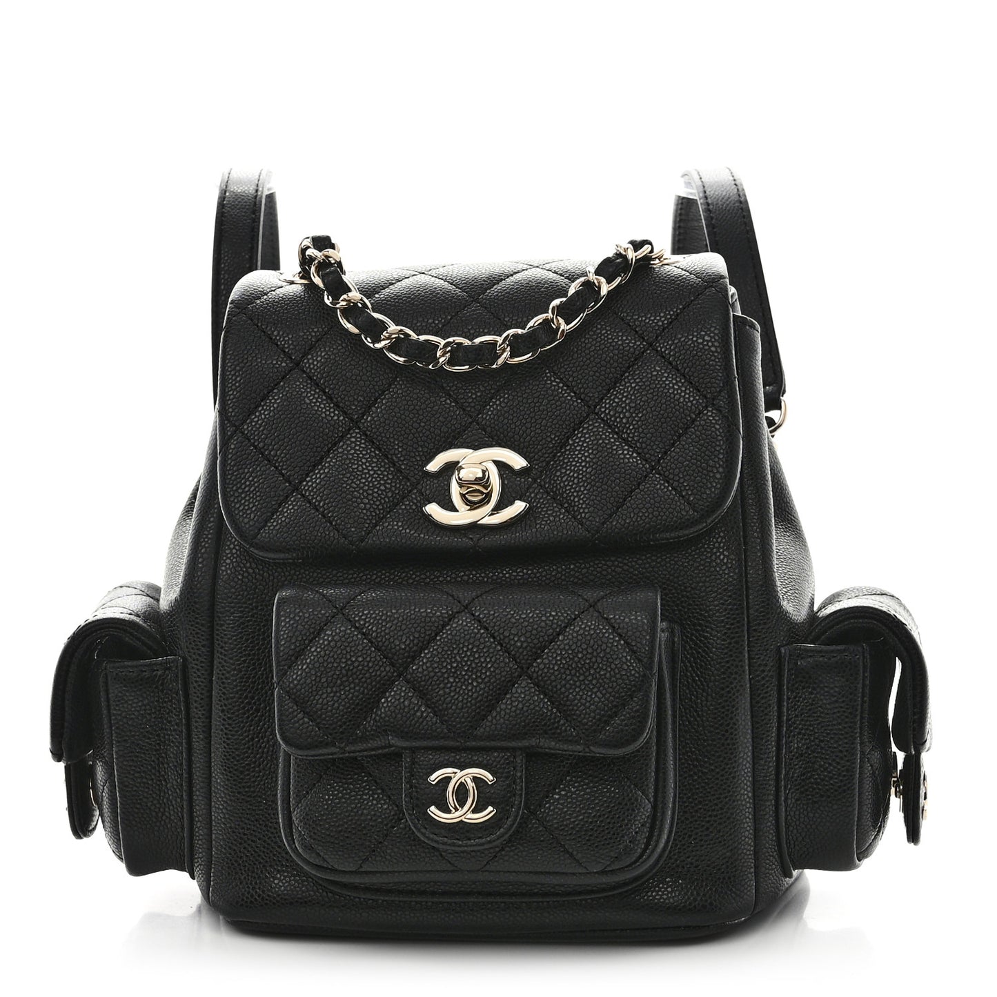 Shiny Caviar Quilted Small Pockets Drawstring Backpack Black