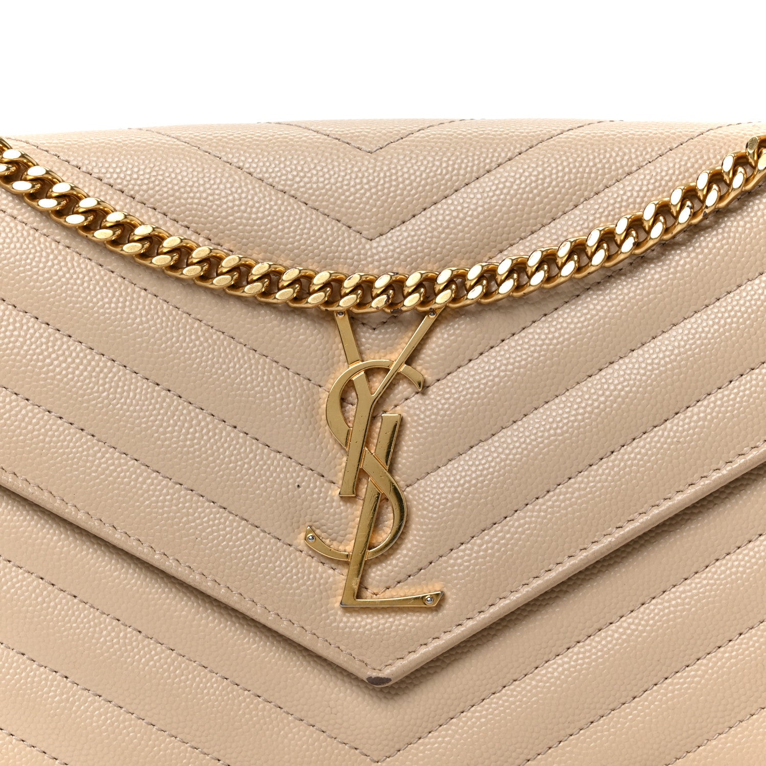 Saint Laurent Grain De Poudre Matelasse Chevron Monogram Chain Wallet Dark Beige 7 of 10