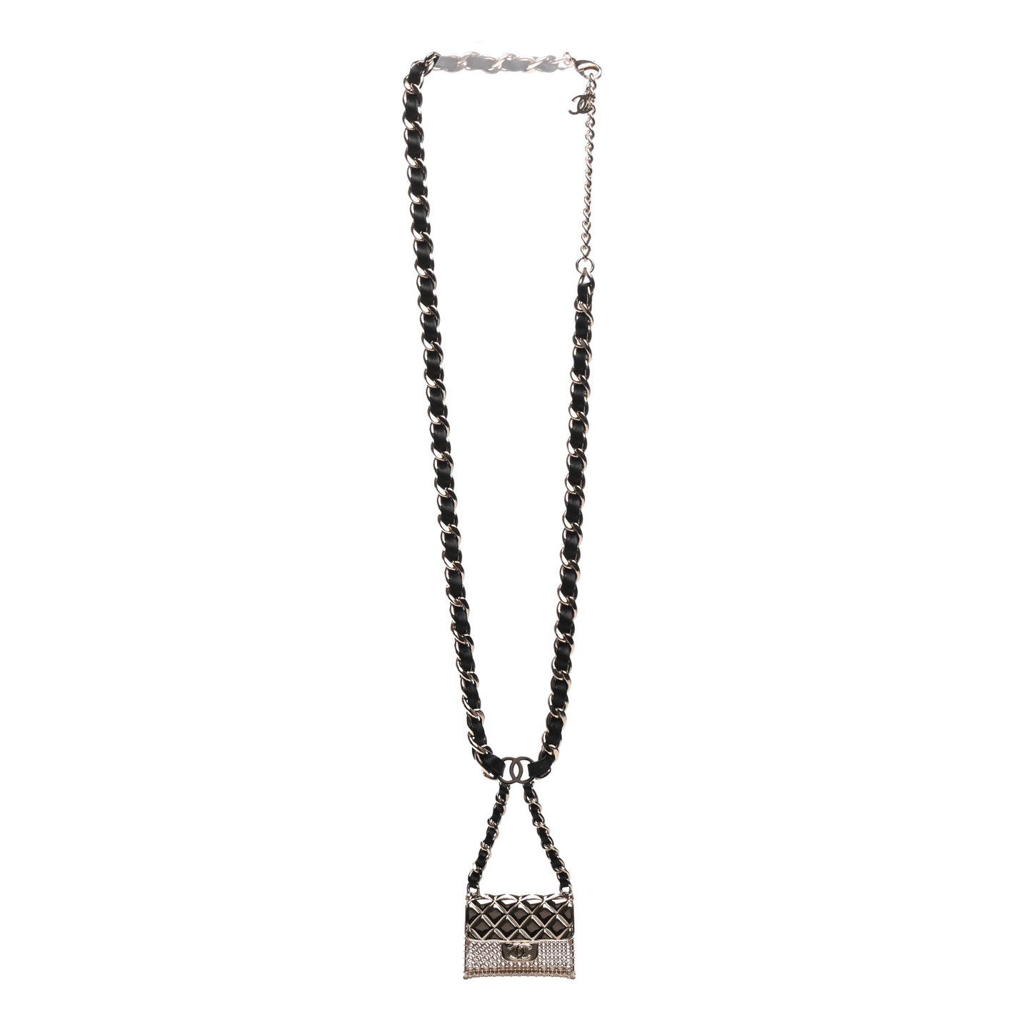 Metal Lambskin Chain Flap Bag Long Necklace Gold Black