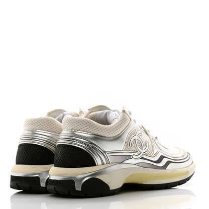 Chanel Fabric Laminated Calfskin Stretch CC Sneakers 38 White Silver 4 of 11