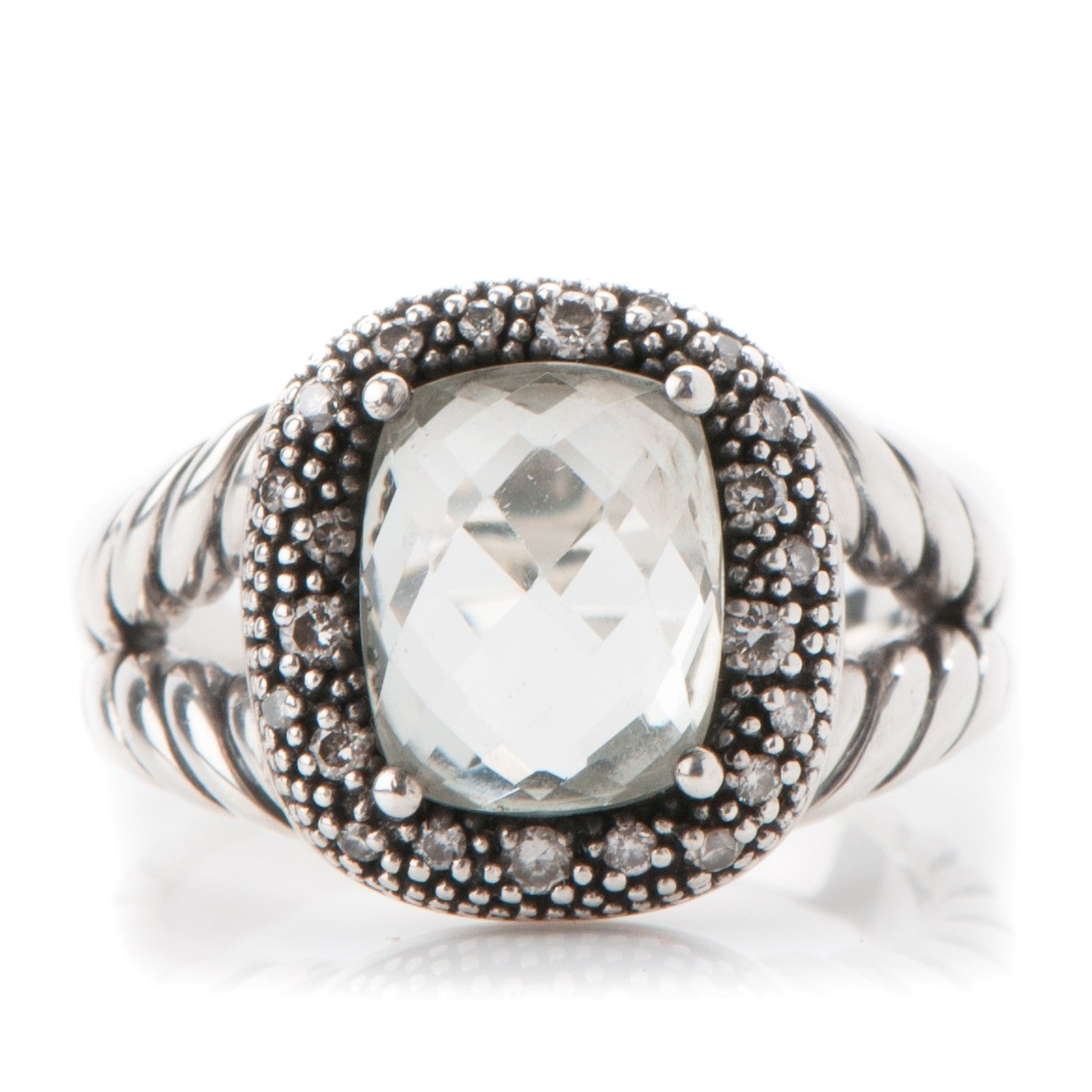 David Yurman Sterling Silver Diamond Prasiolite 10mm Moonlight Ice Cable Ring 54 7 11 of 12