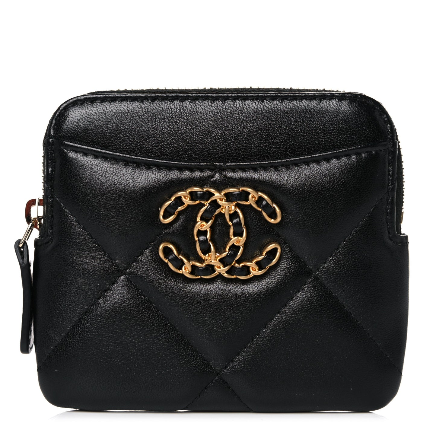 Lambskin Quilted Chanel 19 Zip Card Holder Wallet Black