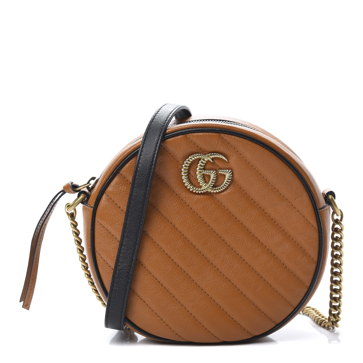 Gucci Azalea Calfskin Matelasse Diagonal Mini Torchon GG Marmont Round Shoulder Bag Cognac Black 1 of 10