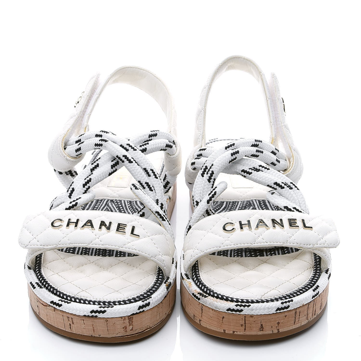 Chanel Cord Lambskin Quilted Logo Sandals 38 White Black 8 of 19