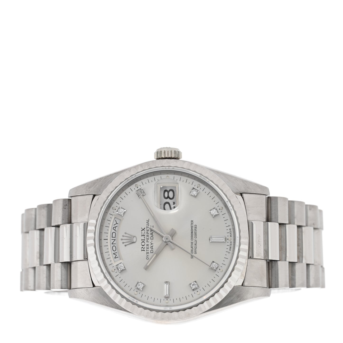18K White Gold Diamond 36mm Oyster Perpetual Day-Date President Watch Silver 18239