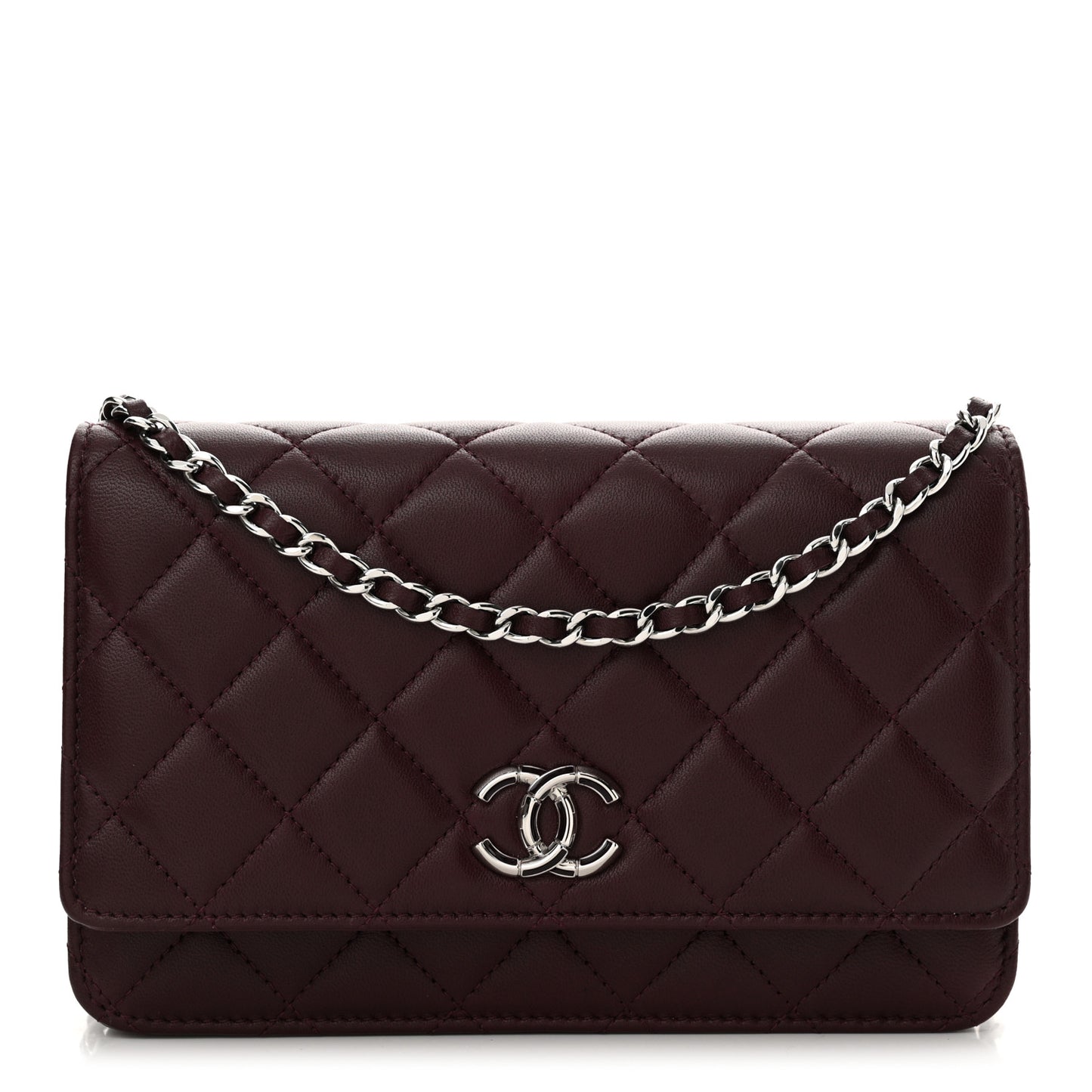 Lambskin Quilted Enamel CC Wallet On Chain WOC Burgundy