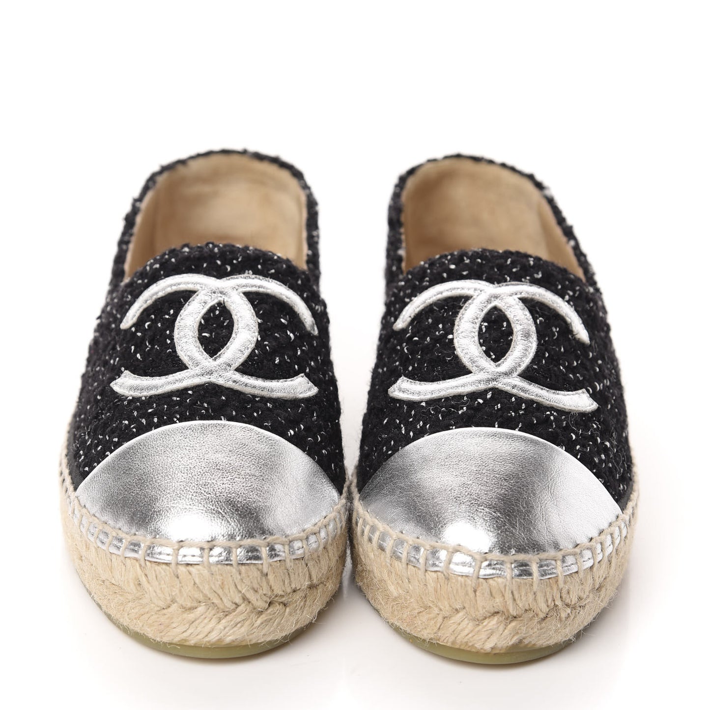 Metallic Lambskin Tweed CC Espadrilles 36 Black Silver