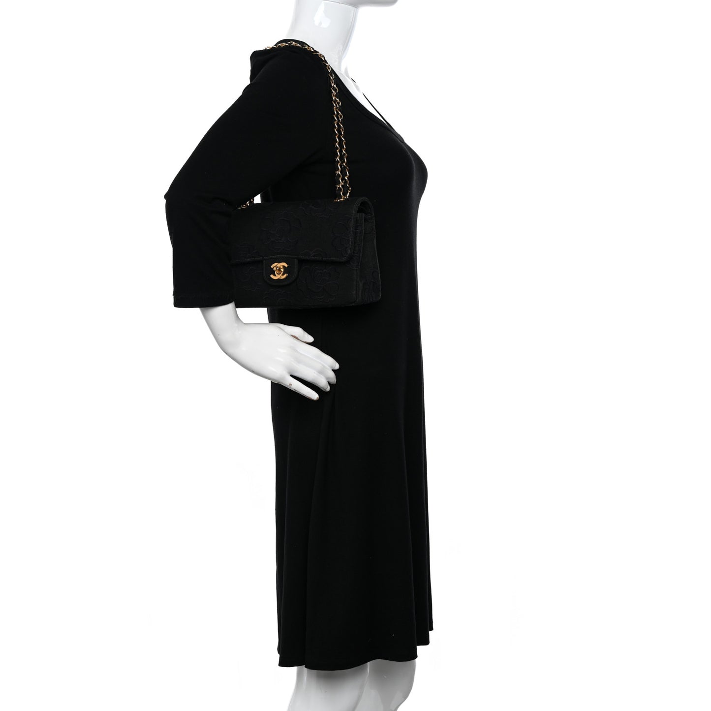 Canvas Camellia Embroidered Small Double Flap Black