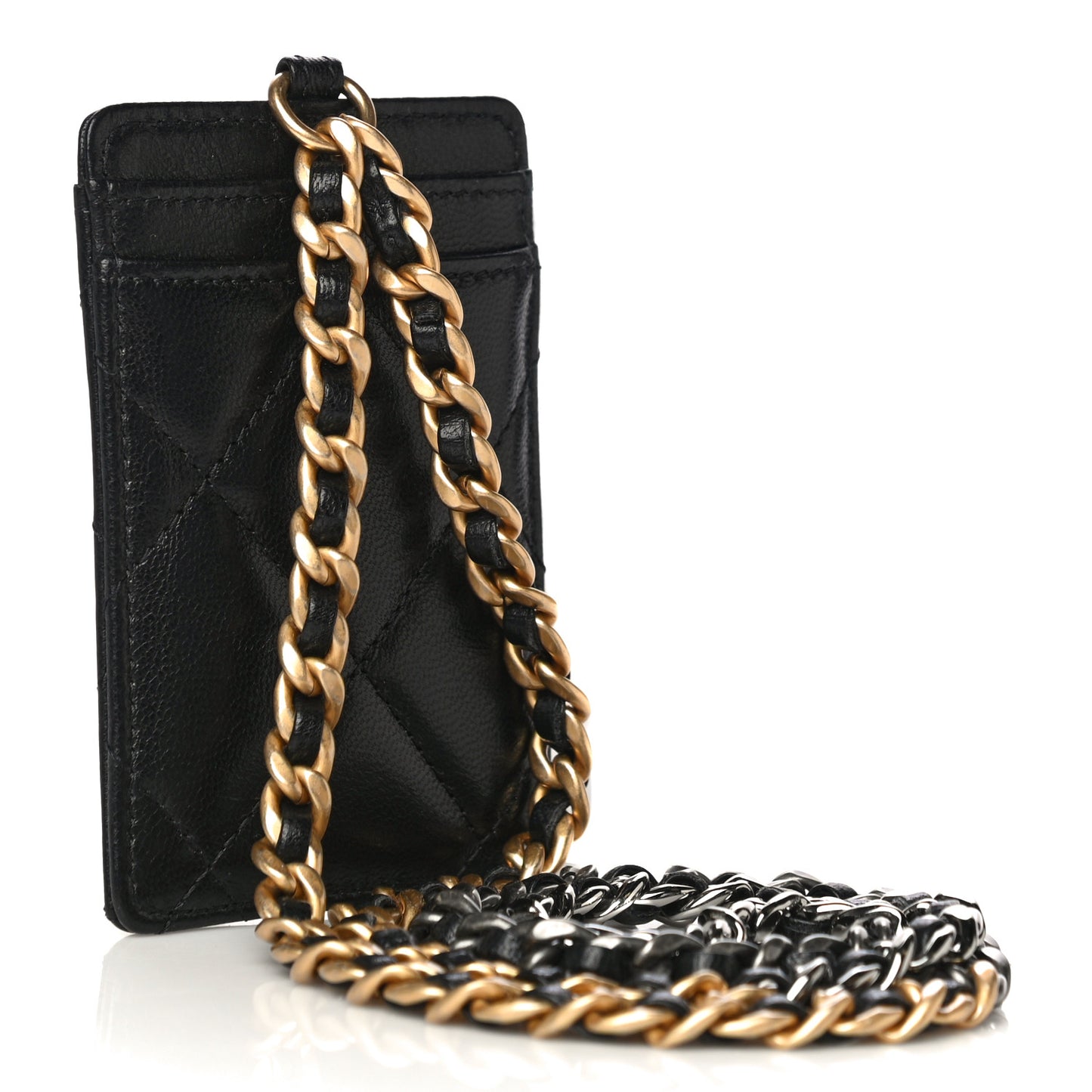Shiny Goatskin Quilted Chanel 19 Card Holder On Chain Black