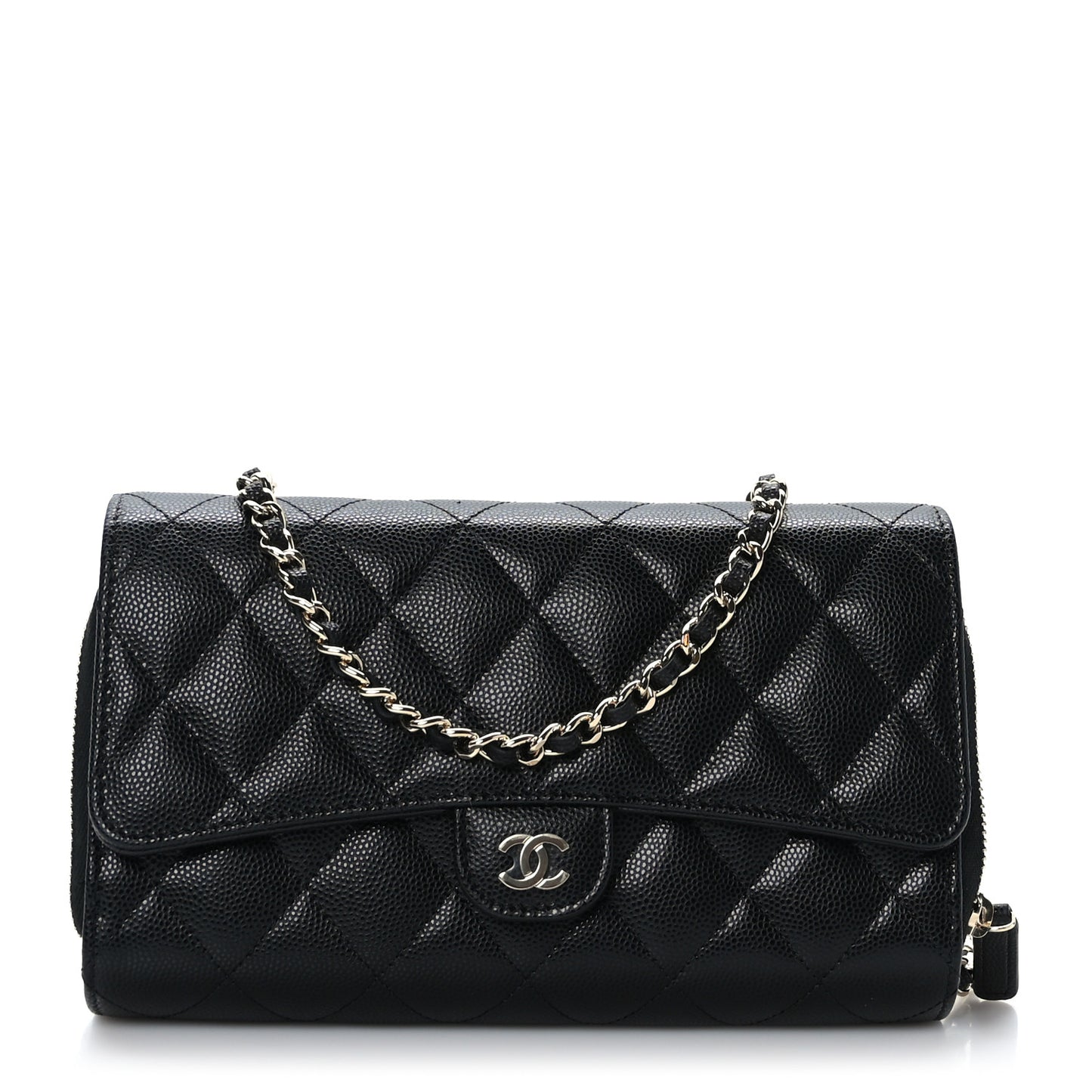 Caviar Quilted Phone Holder Wallet on Removable Chain Black