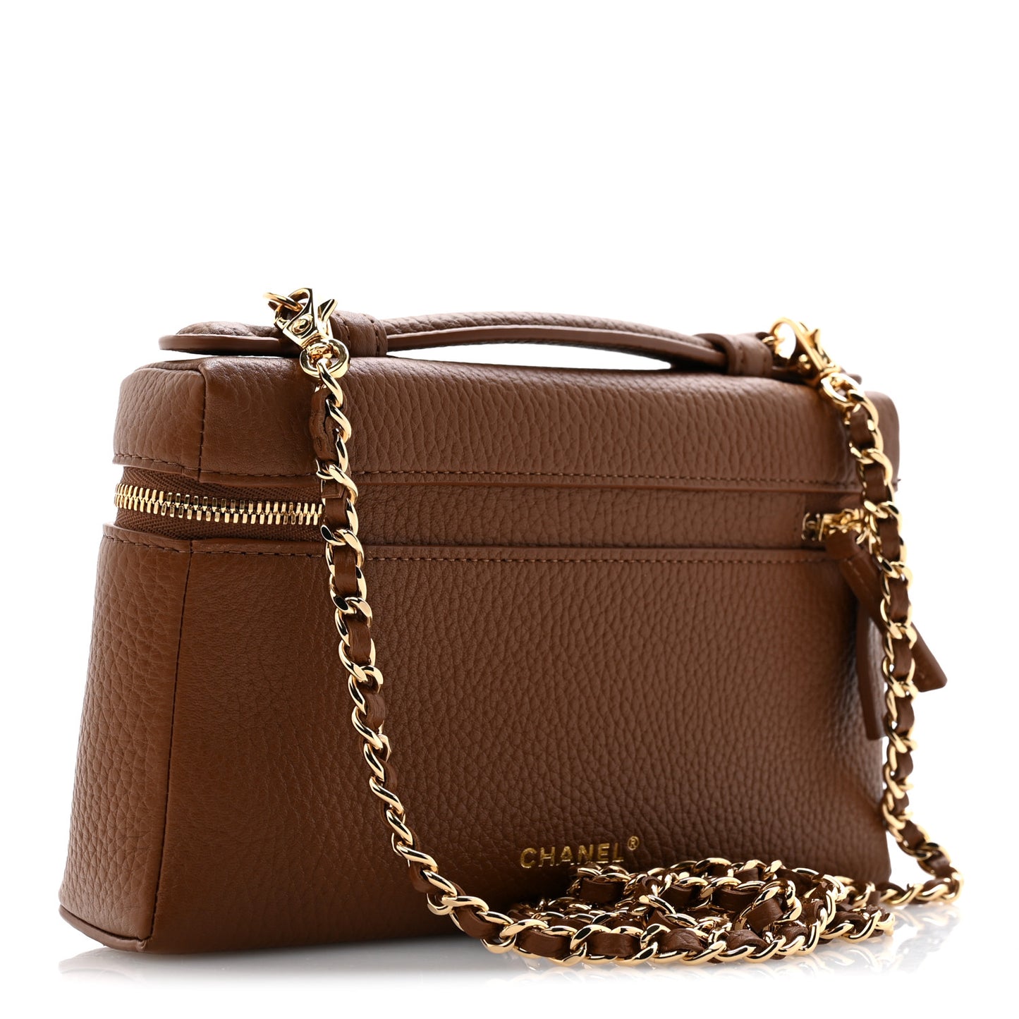 Grained Calfskin Top Handle Slim Vanity Case With Chain Camel