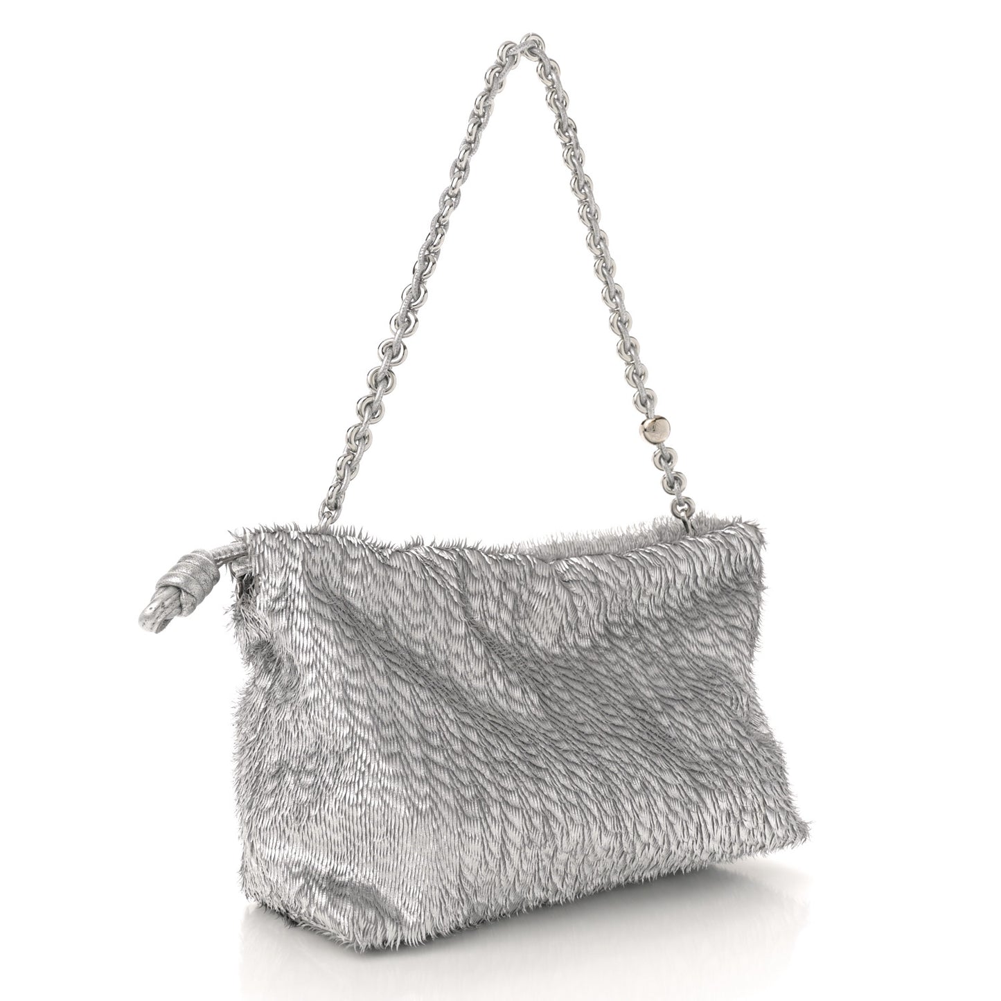 Metallic Nappa Calfskin Fringed Medium Chain Flamenco Knot Purse Silver