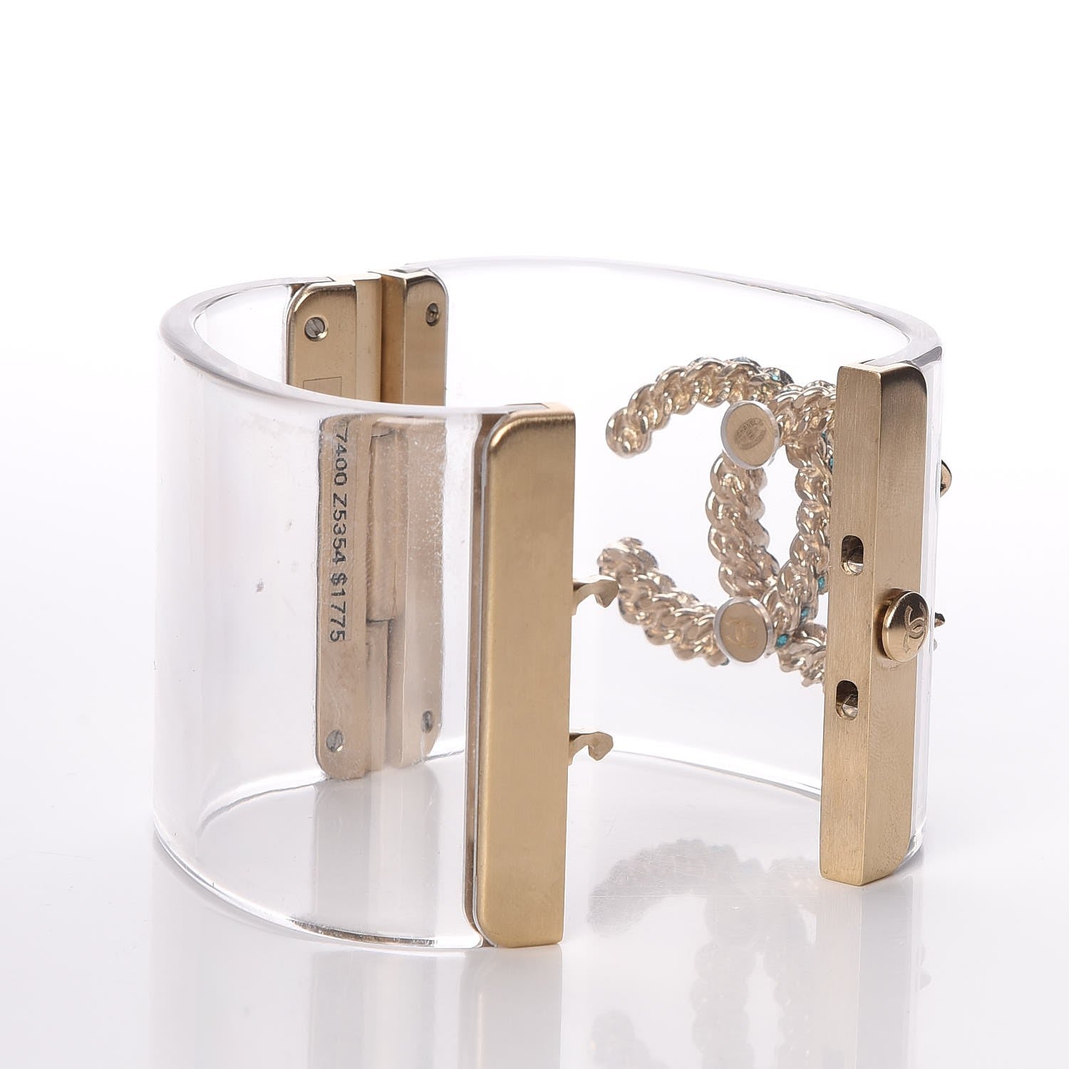 Chanel Lucite Mother of Pearl Crystal CC Cuff Transparent 4 of 5