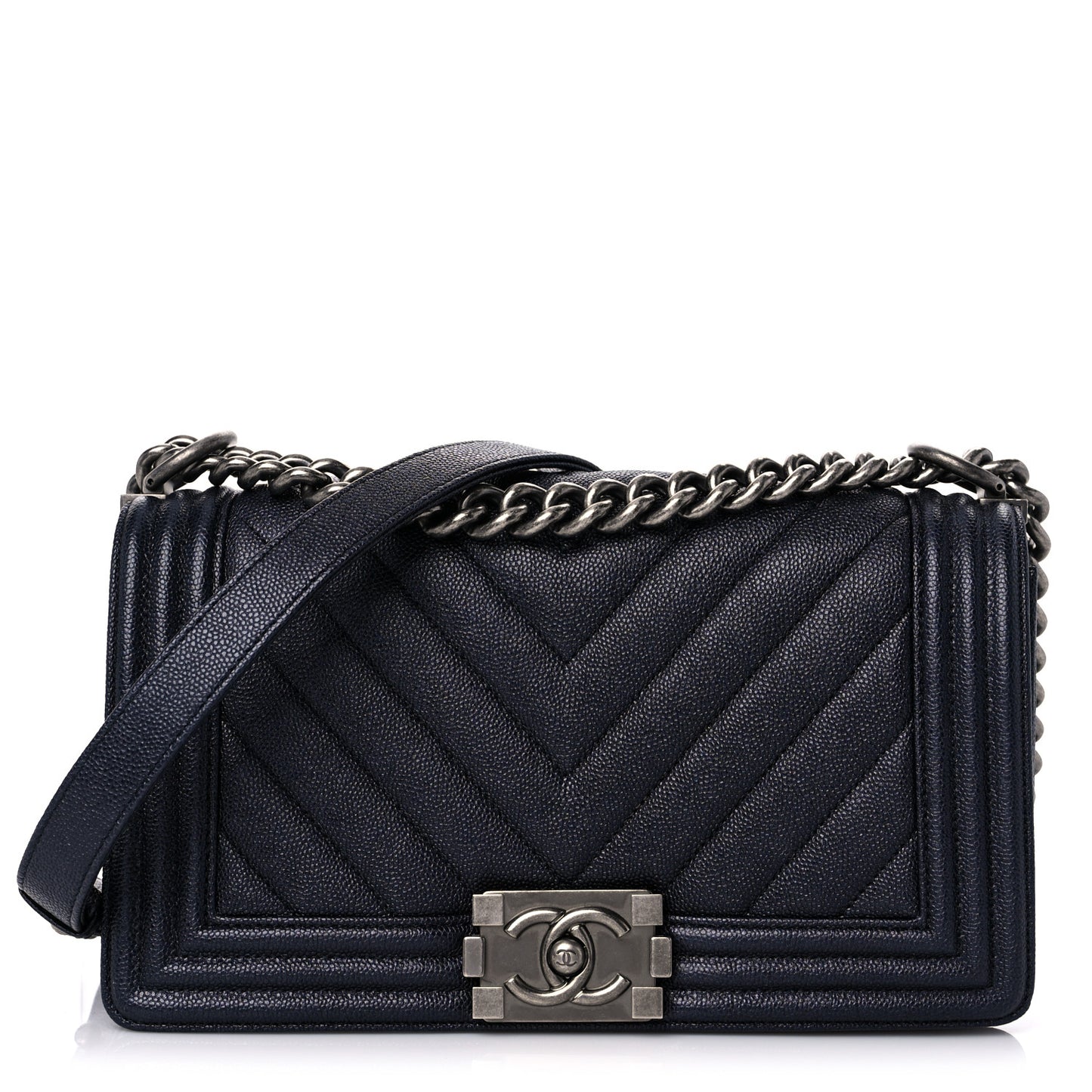 Caviar Chevron Quilted Medium Boy Flap Navy