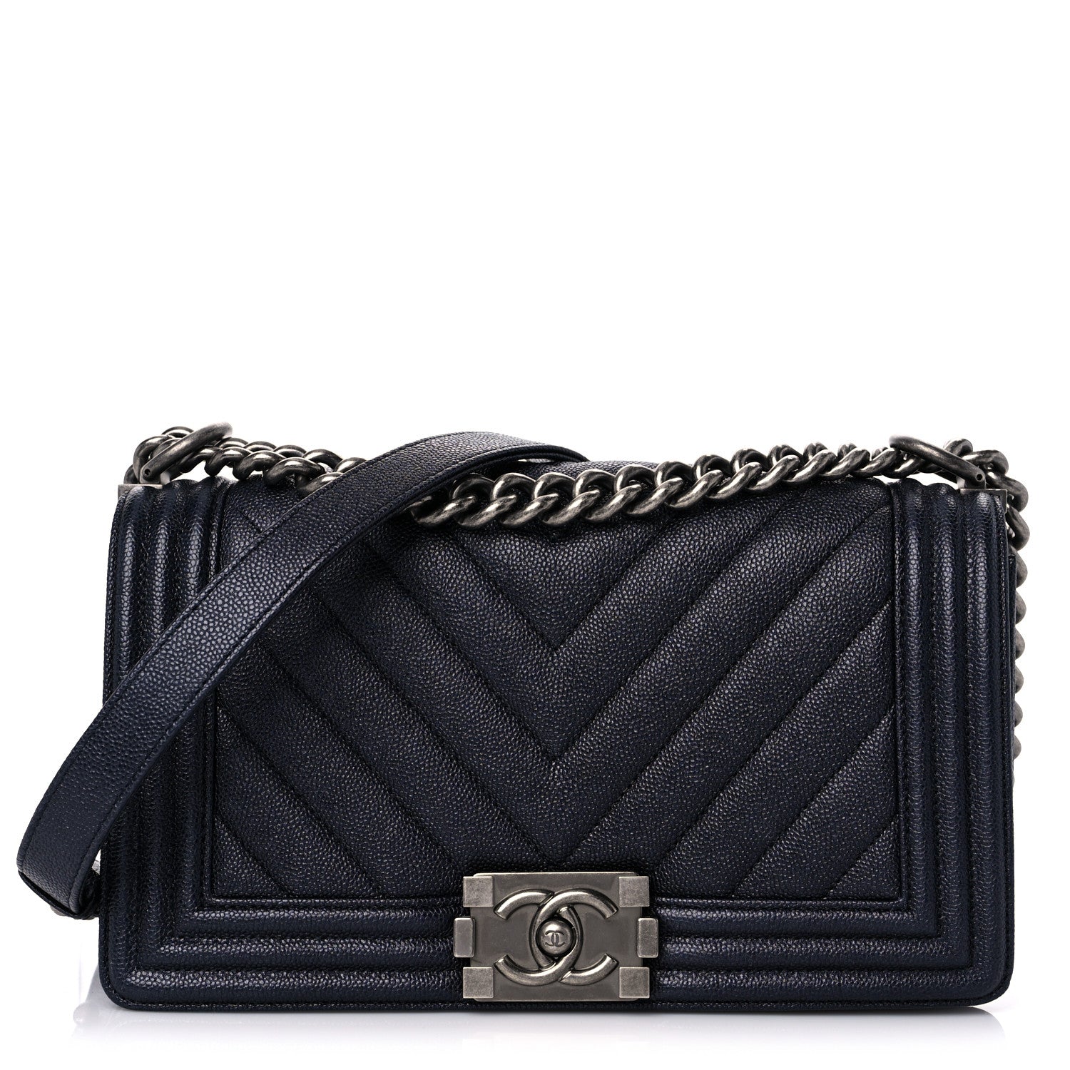 Chanel Caviar Chevron Quilted Medium Boy Flap Navy 1 of 11