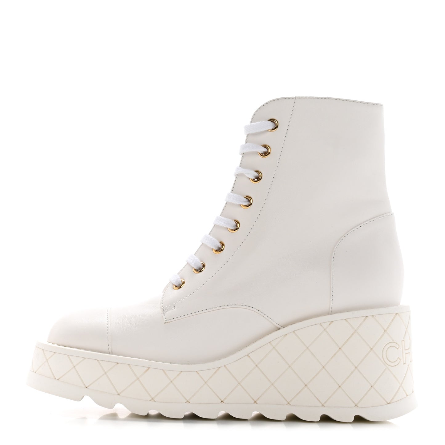 Lambskin Quilted Lace Up Wedge Combat Boots 37.5 White