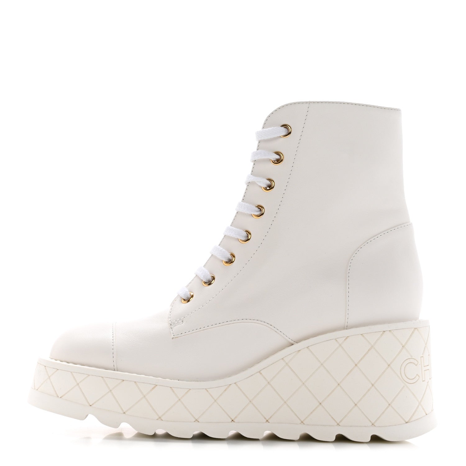 Chanel Lambskin Quilted Lace Up Wedge Combat Boots 37.5 White 1 of 18