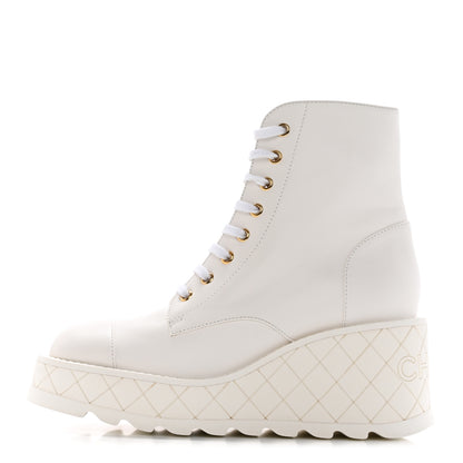Chanel Lambskin Quilted Lace Up Wedge Combat Boots 37.5 White 1 of 18