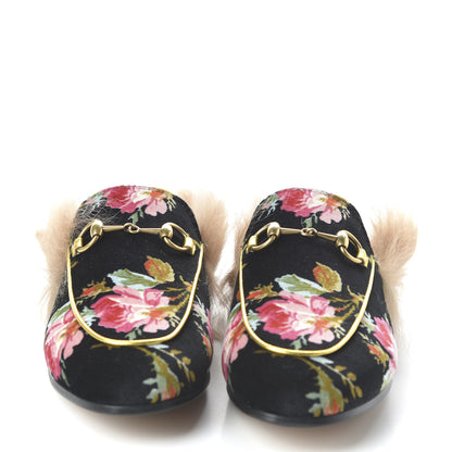 Gucci Velvet Fur Floral Womens Princetown Slippers 36 Black 2 of 8