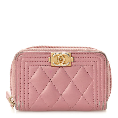 Chanel Metallic Lambskin Quilted Boy Zip Around Coin Purse Wallet Pink 1 of 12