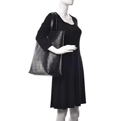 Saint Laurent Calfskin Crocodile Embossed Bold Shopper Tote Black 2 of 12