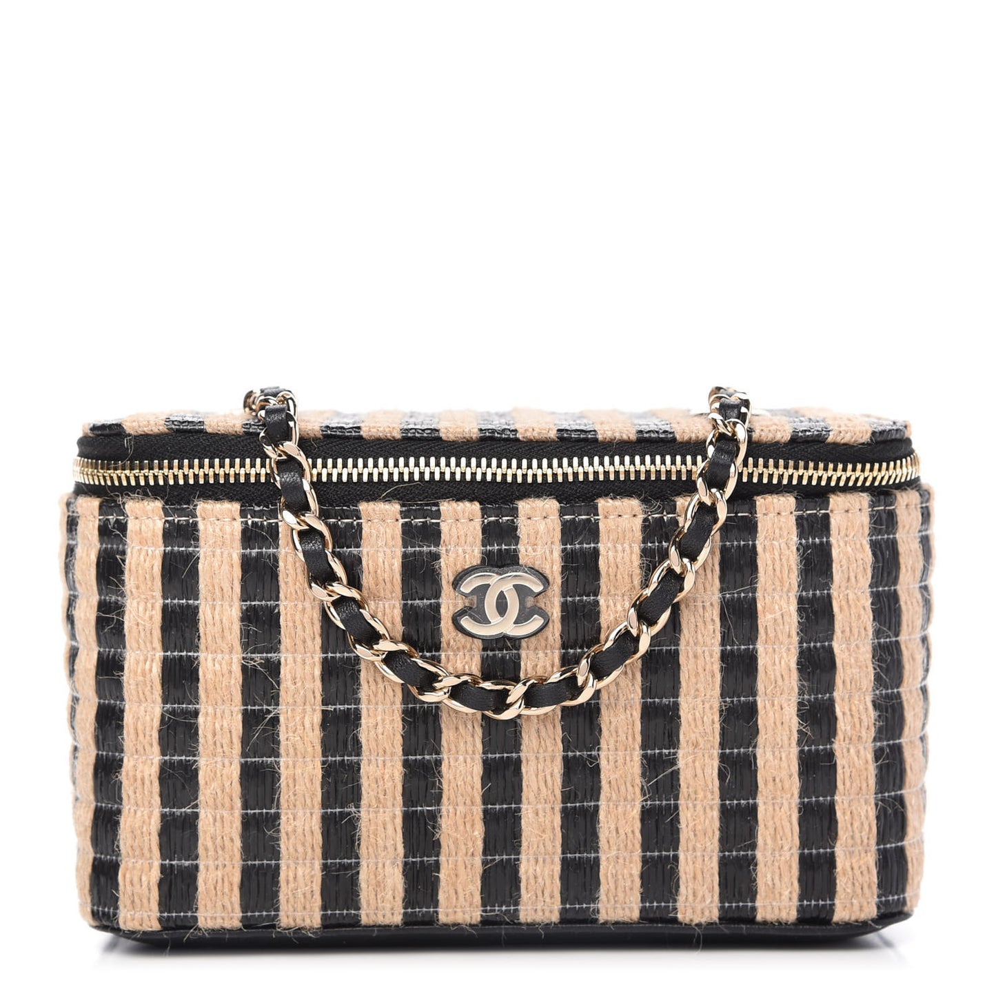 Raffia Jute Striped Small Vanity Case With Chain Black Beige