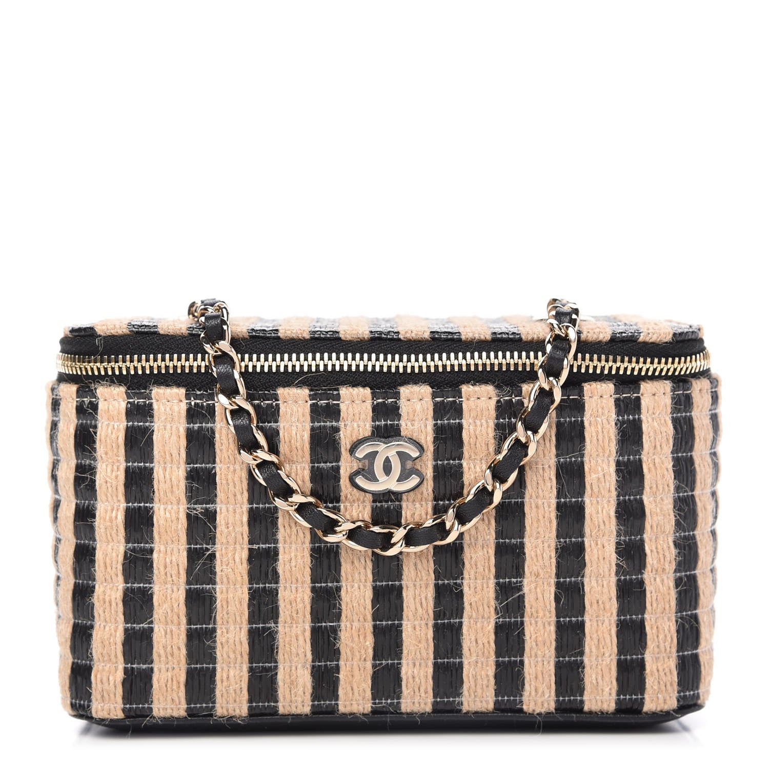 Chanel Raffia Jute Striped Small Vanity Case With Chain Black Beige 1 of 11