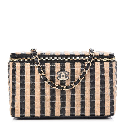 Chanel Raffia Jute Striped Small Vanity Case With Chain Black Beige 1 of 11