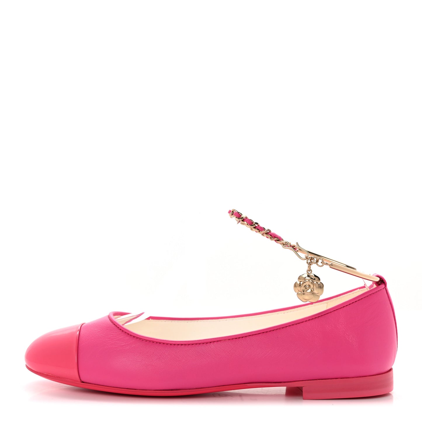 Lambskin Patent Calfskin Cap Toe Ankle Chain Ballerina Flats 38 Dark Pink